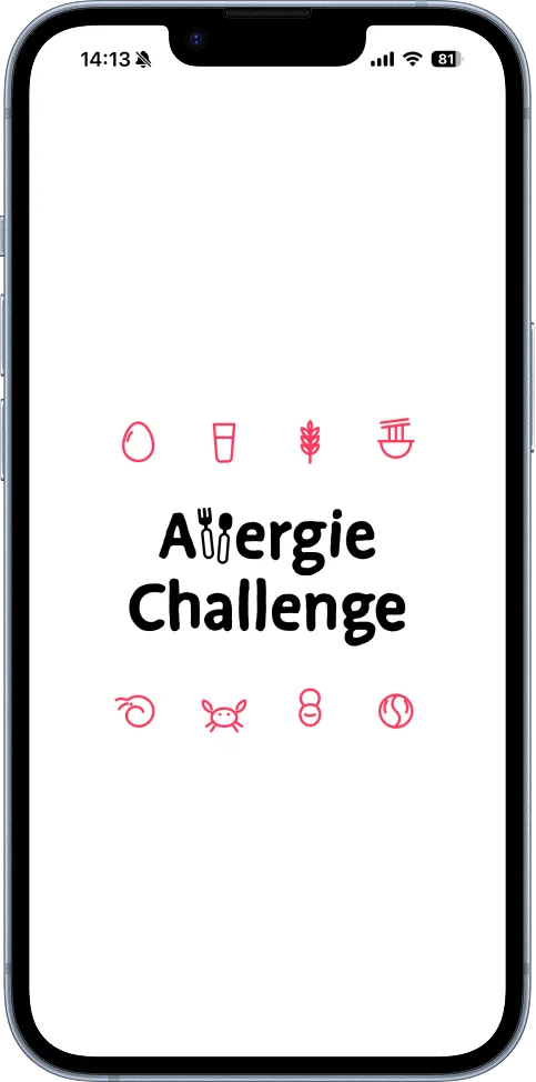 卵・牛乳・小麦・そばなどの食材アイコンに囲まれたAllergie Challengeのロゴが表示されたスプラッシュ画面