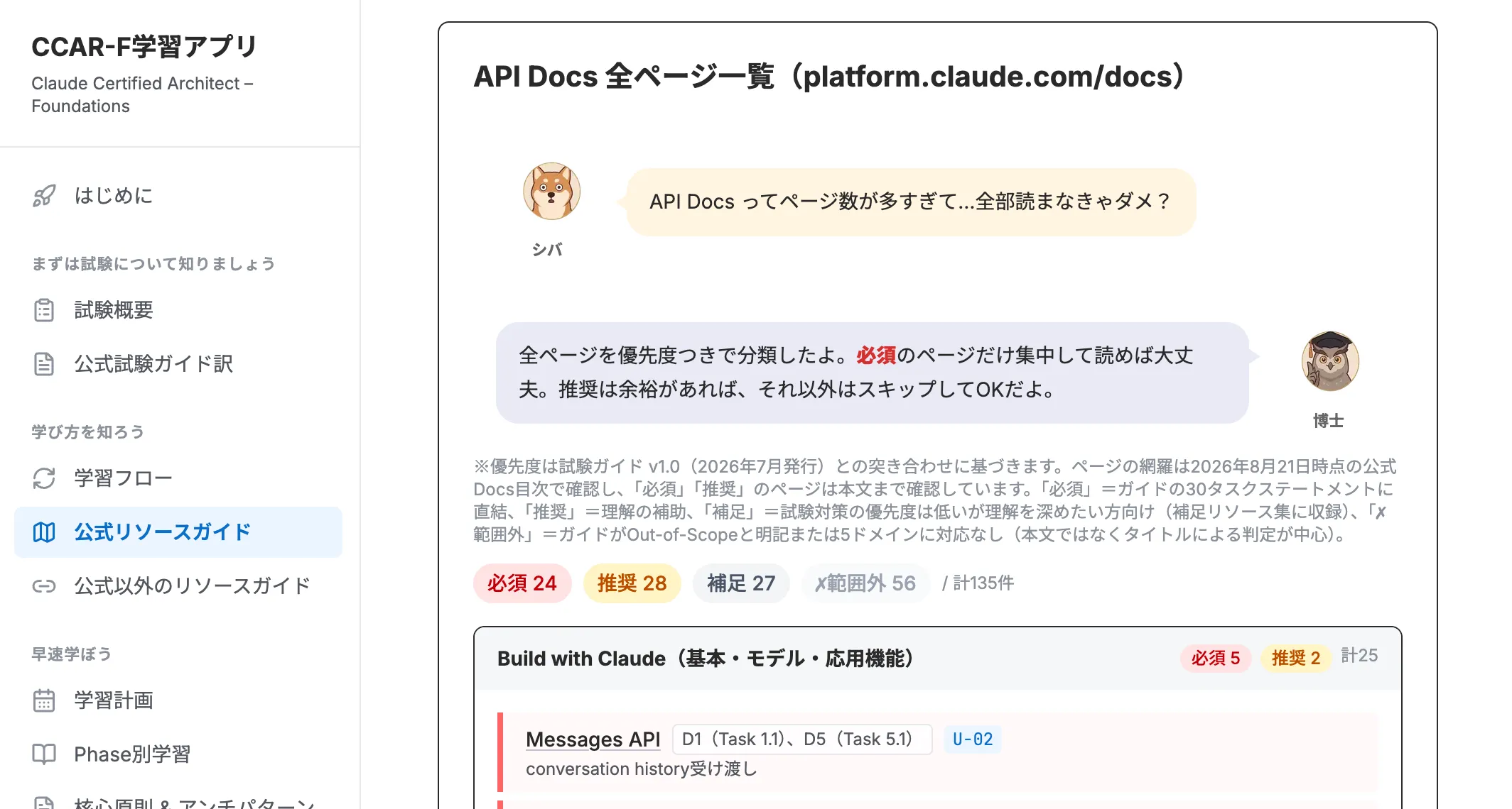 「CCAR-F学習アプリ」の公式リソースガイド画面。柴犬のシバが「API Docsってページ数が多すぎて…全部読まなきゃダメ？」と質問し、博士が「全ページを優先度つきで分類したよ」と答えている。必須24・推奨28・補足27・範囲外56の分類バッジと、Messages APIなどのページ一覧が表示されている