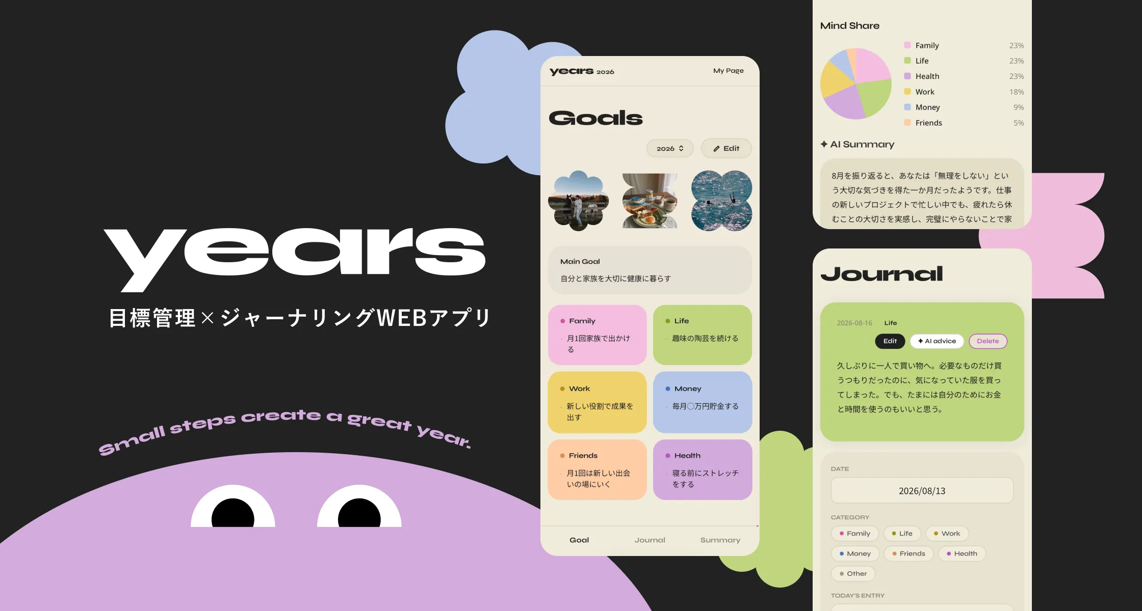 黒背景に白い「years」のロゴと「目標管理×ジャーナリングWEBアプリ」のコピー、「Small steps create a great year.」の文字、GoalsやJournalのアプリ画面、紫のキャラクターを配したキービジュアル