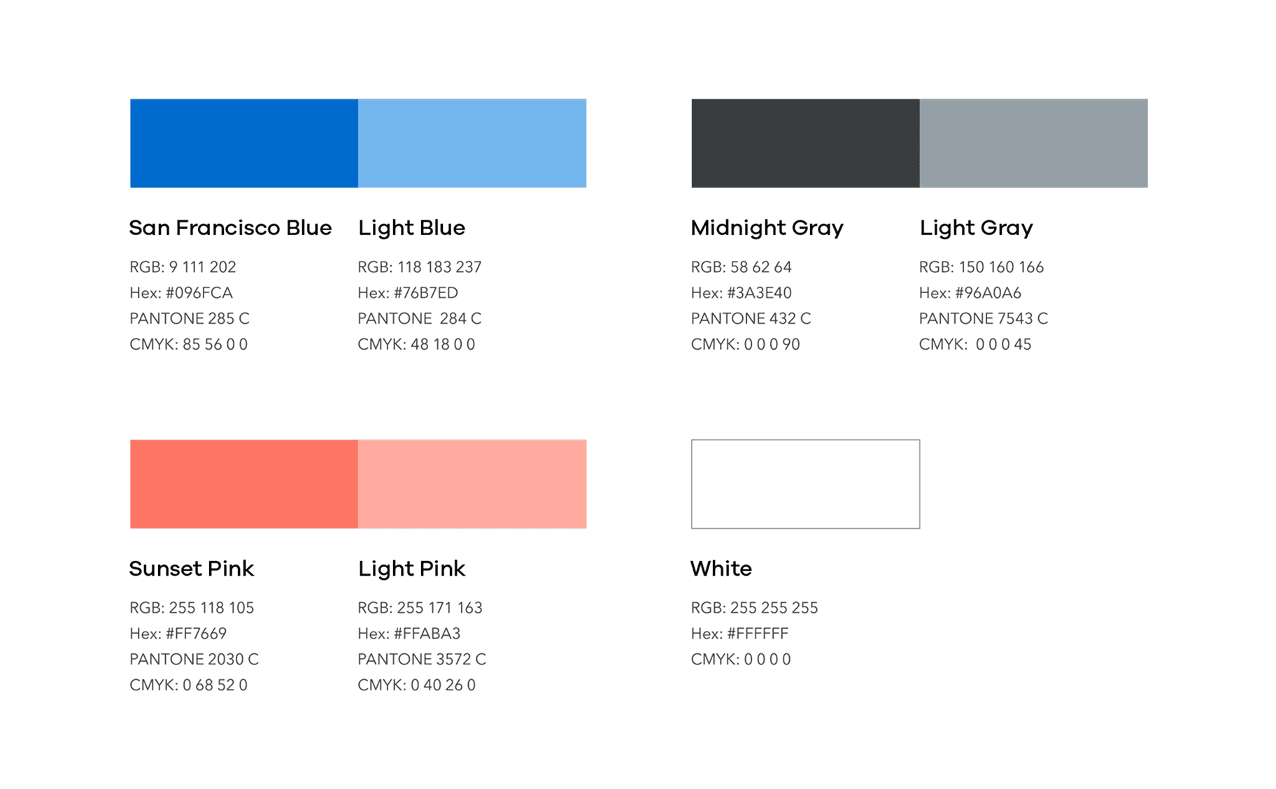 Examples using San Francisco Blue, Midnight Gray, Sunset Pink, White, and the supporting light colors